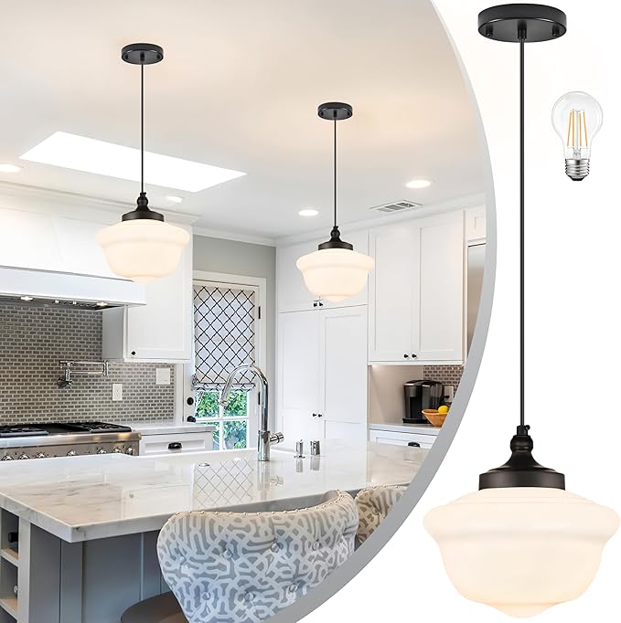 Bagood 10" Black Schoolhouse Light Fixture Milk Glass Pendant Light Schoolhouse Pendant Light Milk Glass Light Fixture Mid Century Modern Ceiling Light for Bedroom Bathroom Kitchen Island (Bulb Incl)