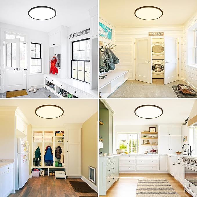 12 Inch Flush Mount Ceiling Light, 24W Dimmable LED Fixture 2400LM, 3000K/4500K/6000K Adjustable, Ultra Thin Round Ceiling Lamp for Bedroom, Kitchen, Living Room, Dining Room, Bathroom, Black