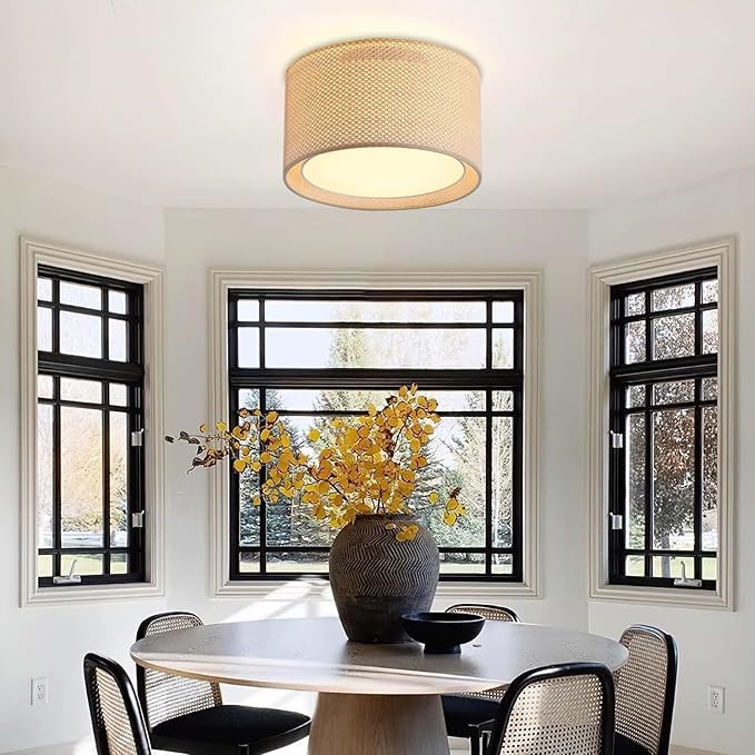 Boho Light Fixtures,12.6" Flush Mount Ceiling Lights Drum Light Fixture with Double Shade,3-Lights Close to Ceiling Lamps for Bedroom Living Room Dining Room Hallway Entryway Kitchen