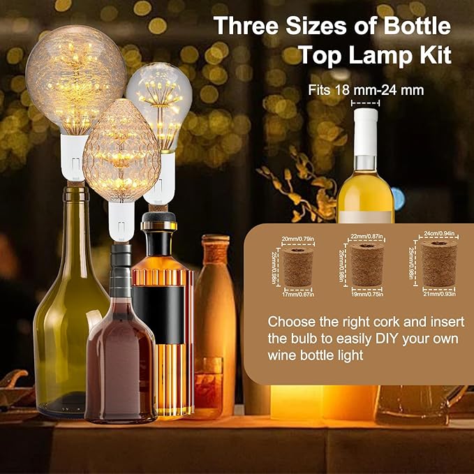 2 Pack Bottle Lamp Kits, 240cm Wine Bottle Table Lamp, DIY Lamp Fittings Kit for Table Lamp with E26/E27 to B22 Converter 3 Sizes of Corks No Drilling (No Bulb)