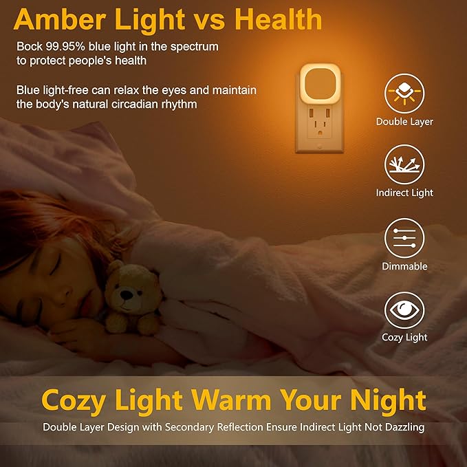 YUNLEX 4 Pack Amber Night Light, Dusk to Dawn Sensor, Warm Glare-Free Reflected Glow, 3-Level Dimmer, Auto On/Off, Plug-in LED Nightlight for Bedroom, Kids, Bathroom, Sleep, Baby Nursery, Toddler