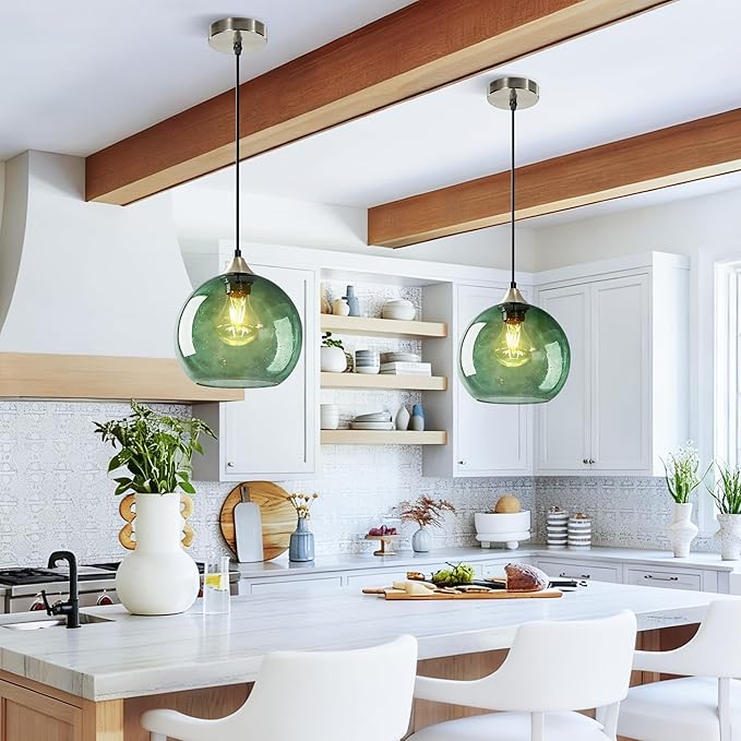 7.1in Medium Green Glass Pendant Light for Kitchen Island, 2-Pack with Extra LED Bulbs & 4.92ft Adjustable Cord | Modern Minimalist Lighting for Dining Room, Living Room, Entryway