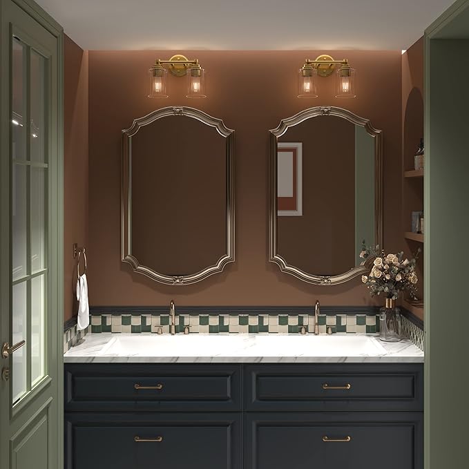 GETINLIGHT 12" Wide 2-Light Gold Bathroom Vanity Light, Clear Ribbed Glass Shade Wall Sconce, Bulb Not Included, IN-0444-2-GD
