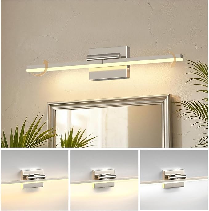 L LOHAS LED 23.7-Inch Bathroom Vanity Light Bar Over Mirror, 180° Rotatable Brushed Nickel Modern Bathroom Light Fixtures, 3CCT Adjustable LED Vanity Lights for Living Room Wall