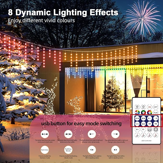 AHAWILL Icicle Lights for Outside,33ft Christmas Lights Outdoor with Dimmable 255LED,IP65 Waterproof,USB Plug in Curtain String Lights with DIY Scene Modes for Party,Roof,Halloween Decor(Multicolor)