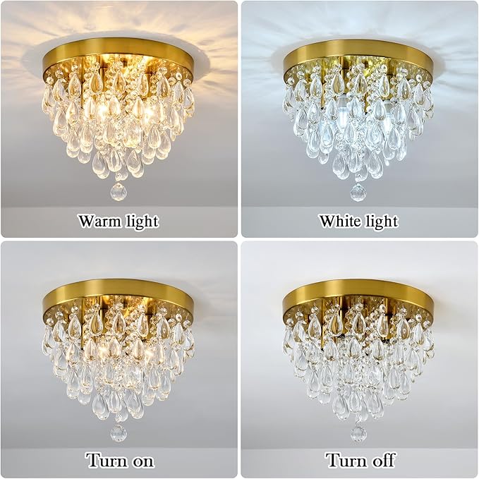 YYJLX Crystal Flush Mount Ceiling Light Modern Crystal Chandelier Gold 4-Light Fixture for Hallway Bedroom Entryway Bathroom Closet