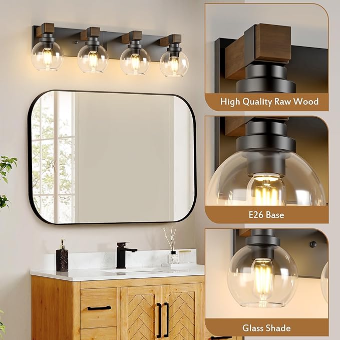 Farmhouse Bathroom Vanity Light Fixtures, 4-Light Wood Bathroom Light Fixtures Over Mirror, Rustic Vanity Lighting with Glass Shade for Living Room, Bedroom, Hallway