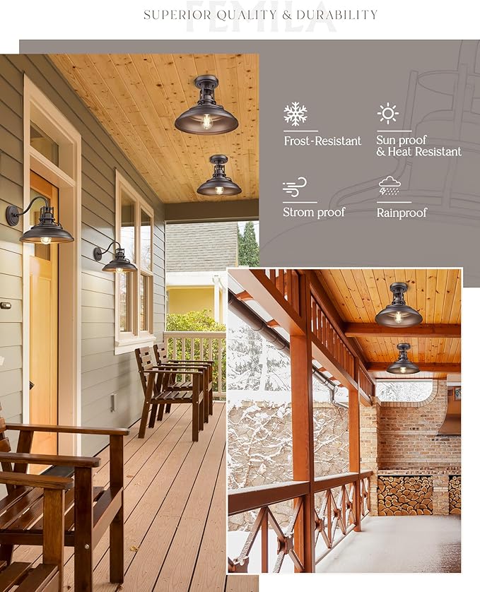 FEMILA Industrial Semi Flush Mount Light Fixture, 12" Farmhouse Ceiling Light Fixture for Porch, Hallway, Kitchen, Bedroom, 2 Pack, Oil Rubbed Bronze, 4FY15-F-2PK ORB