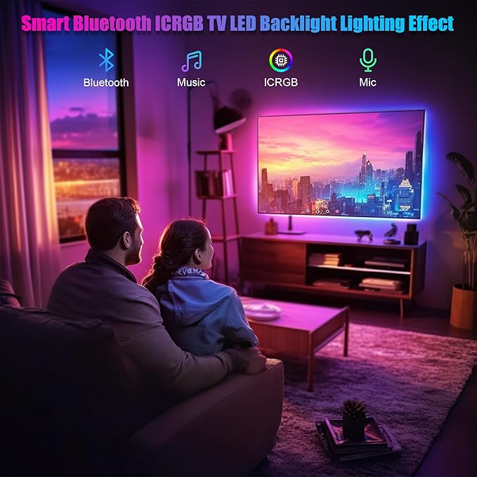 PANGTON VILLA LED Lights for TV 40-60 Inch, 10FT (1 Roll of 10ft) ICRGB TV LED Backlight Kit with Bluetooth APP & 24 Keys Remote, Music Sync Lights Behind, USB Cable Powered, Not Waterproof