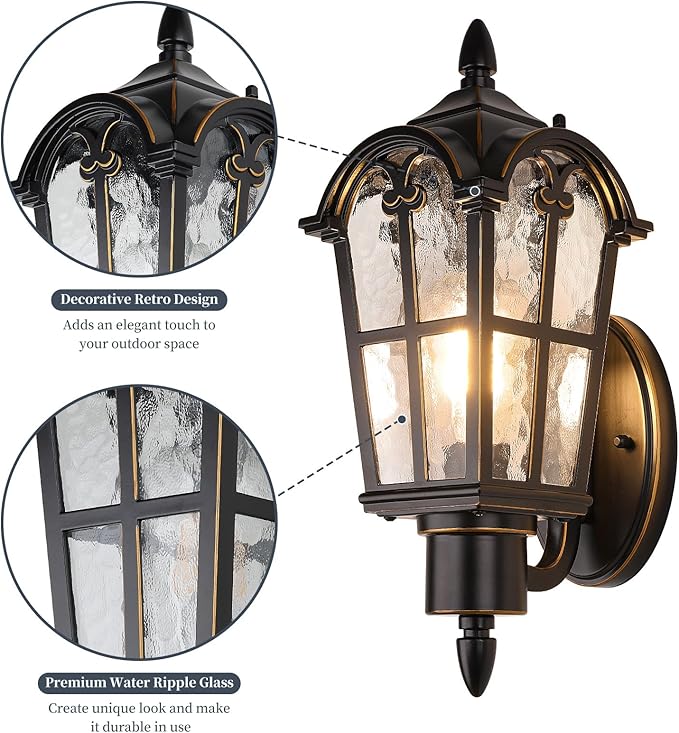 Sucolite Outdoor Wall Light Fixtures, Black & Gold Exterior Waterproof Porch Lights, Vintage Outside Wall Sconces with Water Ripple Glass for House Front Door Garage, 2 Pack