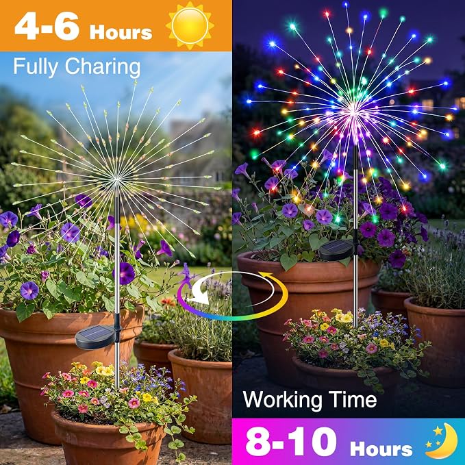 btfarm 4 Pack Solar Garden Lights Outdoor 8 Modes, 120 LED Firework Lights Solar Powered, Waterproof Twinkle Fairy Light Outside for Yard Pathway Lawn Pool Patio Christmas Decorative, Multicolor