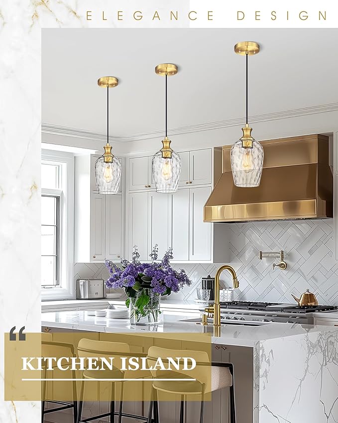 Gold Pendant Lights Kitchen Island, Modern Hanging Lights Fixtures with Hand-Blown Hammered Clear Glass, Farmhouse Brass Kitchen Island Lighting Over Sink, AD-24027-1P-GD