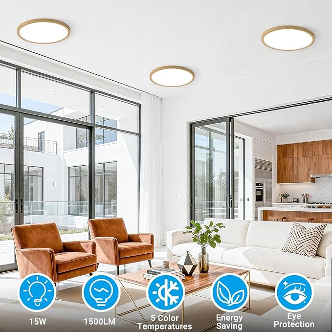 LED Flush Mount Ceiling Light,7Inch 15W,3000K/3500K/4000K/5000K/6500K 5 Color Temperatures Ceiling Light Fixture for Kitchen Porch Hallway Bedroom Bathroom and Closet,Wood