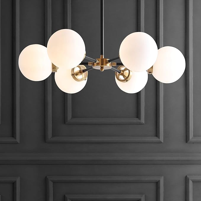 JONATHAN Y 28" Brass Gold/Black Modern 6-Light Cluster Pendant Chandelier, Clear Glass Shade Hanging Fixture for Kitchen Island Dining Room, LED Bulbs Included, Dimmable (JYL9059B)