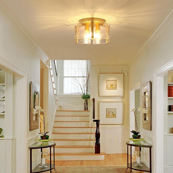 Gold Semi Flush Mount Flush Mount Ceiling Light,15''Modern Hallway Light Fixtures Ceiling Mount,3-Light Drum Glass Ceiling Lights for Kitchen Entryway Foyer Dining Room Bedroom Laundry