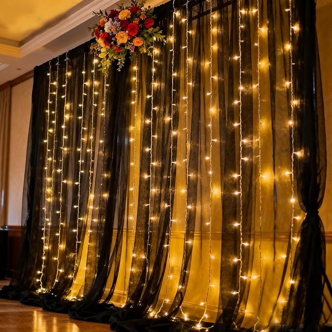 Black Tulle Backdrop Curtain with Lights Strings, Elegant Sheer Photo Backdrop Drapes, Soft Fabric Curtain for Weddings Brithday Parties Photography Background Decor, 10ftx8ft