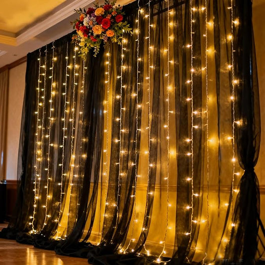Black Tulle Backdrop Curtain with Lights Strings, Elegant Sheer Photo Backdrop Drapes, Soft Fabric Curtain for Weddings Brithday Parties Photography Background Decor, 10ftx8ft