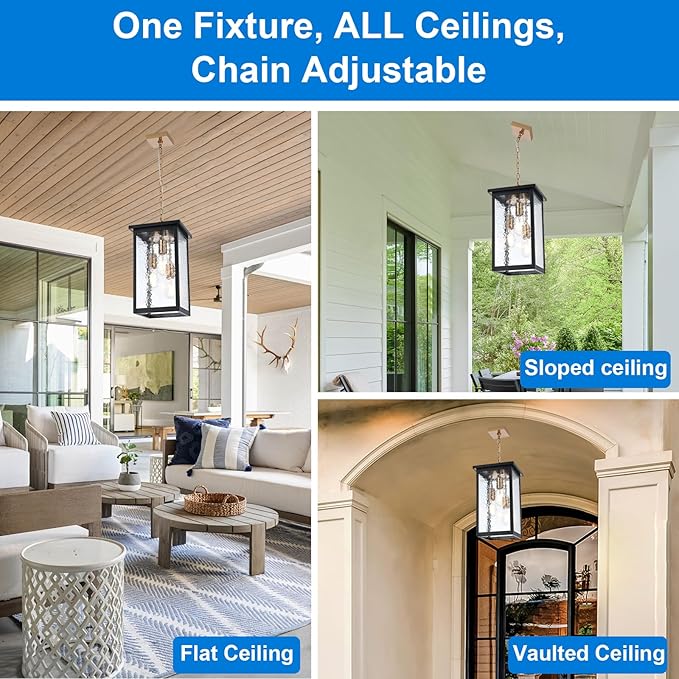 Outdoor Pendant Light Fixture, 3-Light Vintage Black & Brushed Brass Farmhouse Exterior Hanging Lights with Hammer Glass Adjustable Chain, Outdoor Hanging Lantern for Porch Entrance Foyer Front
