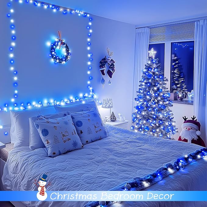 JMEXSUSS 2 Pack 100 LED Blue and White Christmas Lights, 33ft 8 Modes Christmas String Lights Indoor Outdoor, Clear Wire Plug in Twinkle Light for Xmas Bedroom Party Decorations