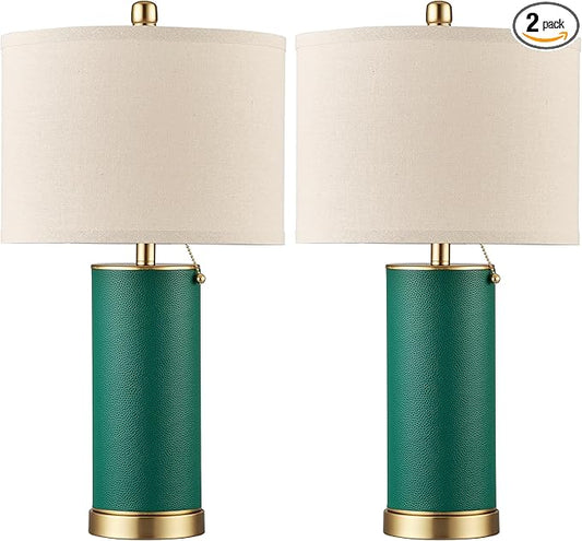 KDG 23.4" Green PU Leather Table Lamps for Living Room Set of 2, E26 Socket Modern Home Decor Fabric Lampshade Desk Lamp Lighitng for Bedroom, Bedside, Farmhouse, Nightstand, Night Light
