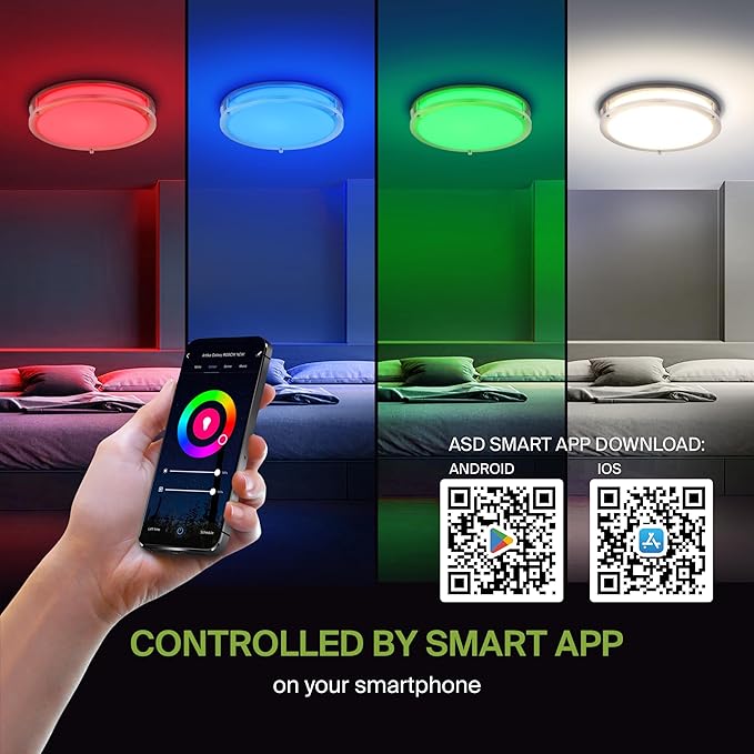 ASD LED 18" Round Flush Mount Lighting, Close to Ceiling Light Fixture | Smart, Multicolor, Dimmable, ETL Listed | 28W 1844LM RGB-2700-6500K 120V | Low Profile Double Ring Lamp | Nickel
