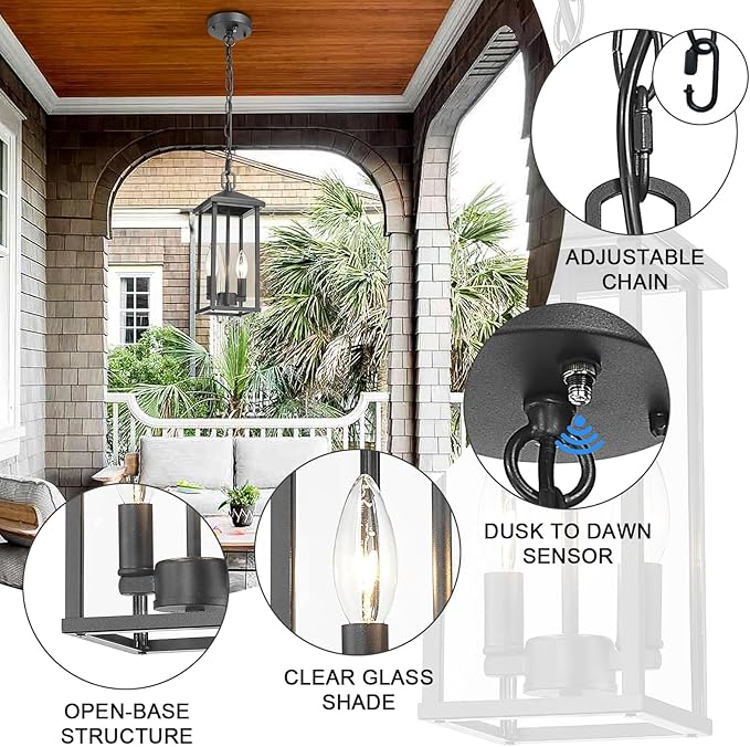 Outdoor Pendant Light for Porch Chandelier Outdoor Pendant Lights 2-Light with Clear Glass, Dusk to Dawn Modern Hanging Porch Lights Exterior Hanging Light Fixture for Patio Gazebo