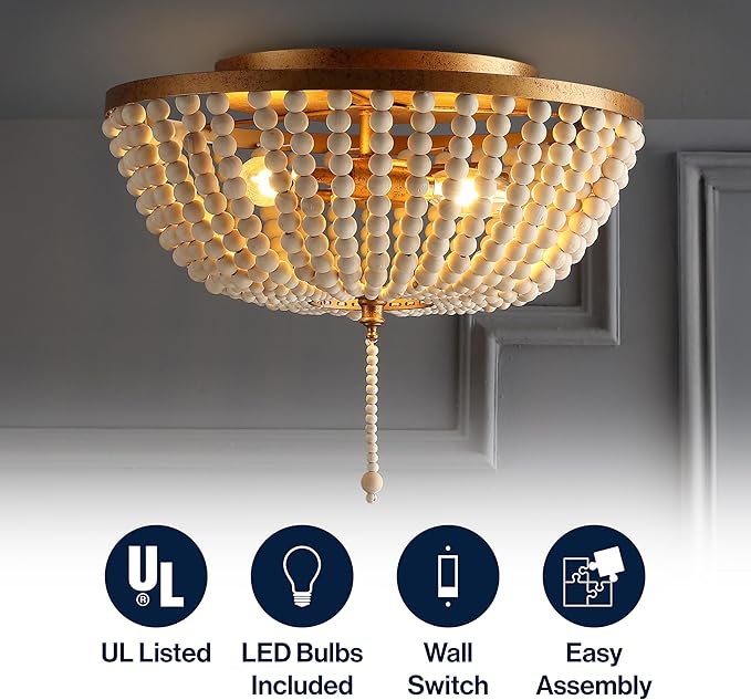 JONATHAN Y 15" Antique Gold/Cream Allison 3-Light LED Flush Mount Ceiling Light for Bedroom, Wood Beaded Shade Shabby Chic Farmhouse Rustic Decor, LED Bulbs Included (JYL9019A)