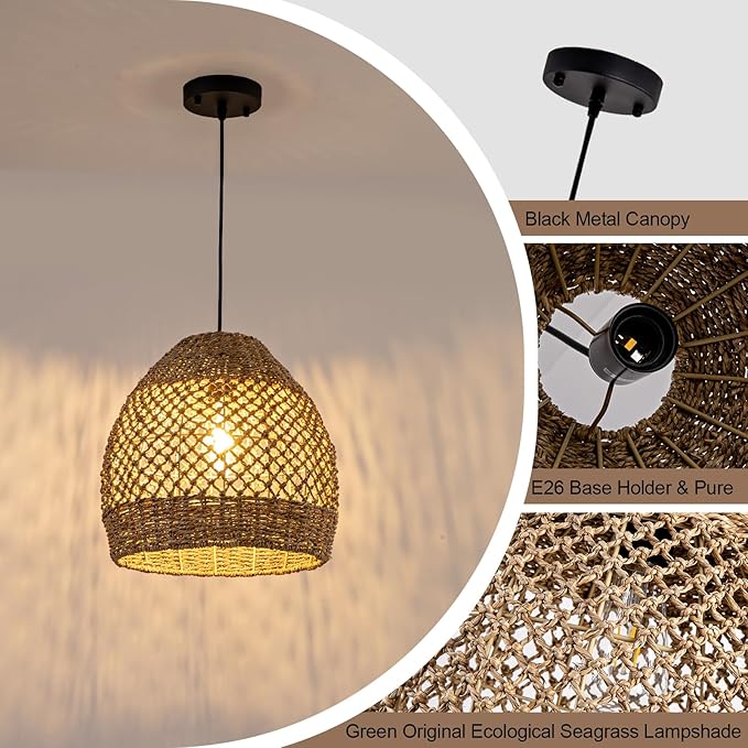 Boho Rattan Pendant Lights 13.8IN Farmhouse Dining Room Light Fixtures Hand-Woven Seagrass Chandelier Coastal Wicker Hanging Lighting for Kitchen Island Entry Living Room Bedroom Foyer Restaurant