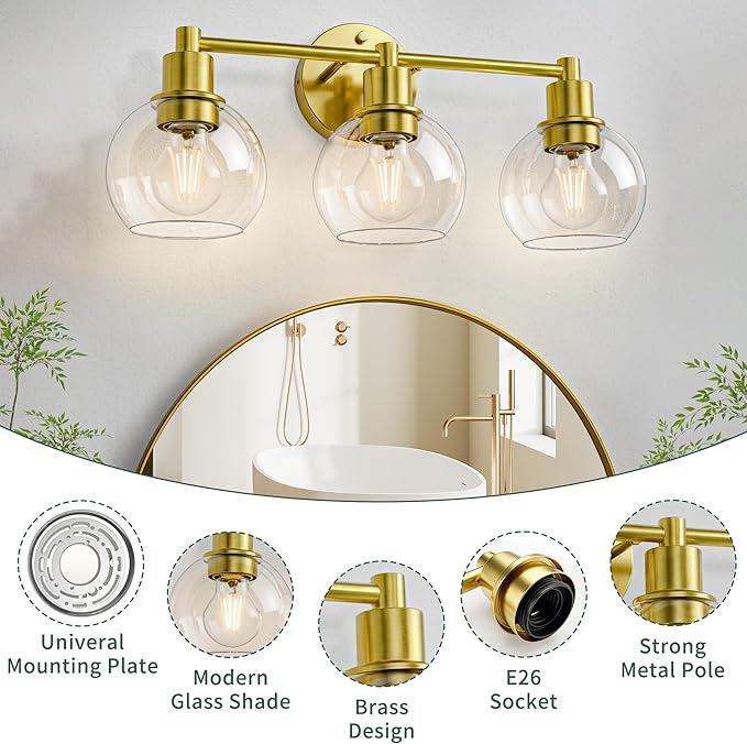 Espird 3 Light Bathroom Light Fixtures, Brushed Brass Bathroom Vanity Lights, Modern Vanity Lights 3-Light Globe Bathroom Vanity Lighting Fixture Over Mirror