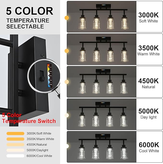 MELUCEE LED Track Lighting Fixtures Ceiling 4-Light Black Semi Flush Mount Ceiling Light Bathroom Wall Light with Flexibly Rotatable Light Heads, Built-in LED Chips, 5-Color Temperature Adjustable