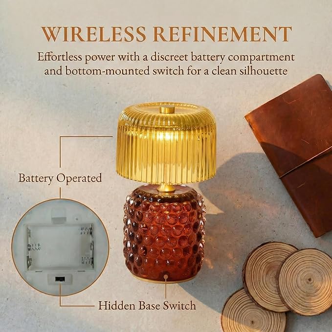 Battery Operated Table Lamp with Timer, Cordless Glass LED Night Light, Decorative Small Lamp for Bedroom Nightstand Living Room Entryway Stairway