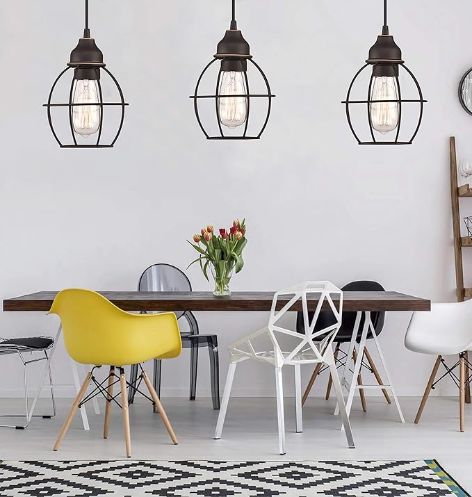 WISBEAM Oil Rubbed Bronze Kitchen Island Pendant Lighting Fixture, Cage Hanging Pendant Lights with E26 Medium Base Max. 60 Watts, Bulbs not Included, 2-Pack