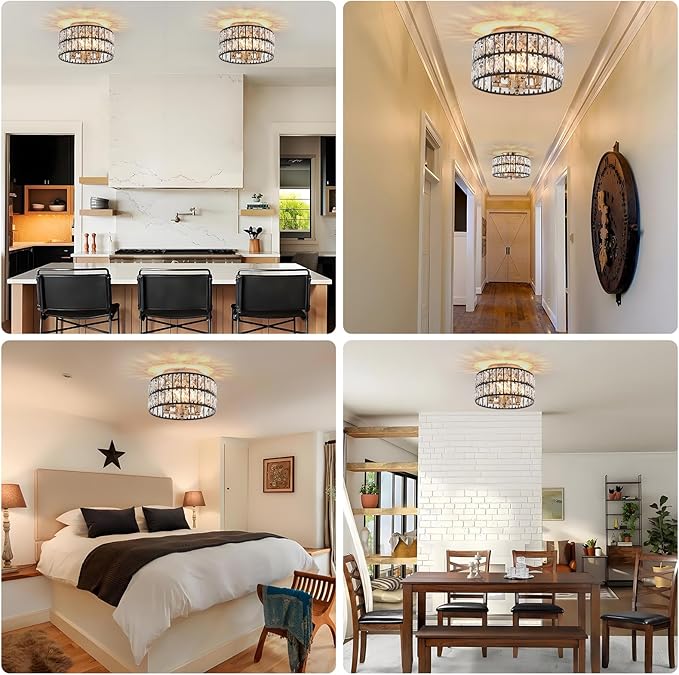 Black Gold Crystal Ceiling Light, 4-Light 11.2 Inch Modern Flush Mount Chandelier, Crystal Flush Mount Ceiling Light Fixture for Bedroom, Kitchen, Living Room, Dining Room, Hallway, Entryway