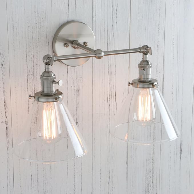 Permo Double Sconce Vintage Industrial Antique 2-Lights Wall Sconces with Funnel Flared Glass Clear Glass Shade (Brushed)