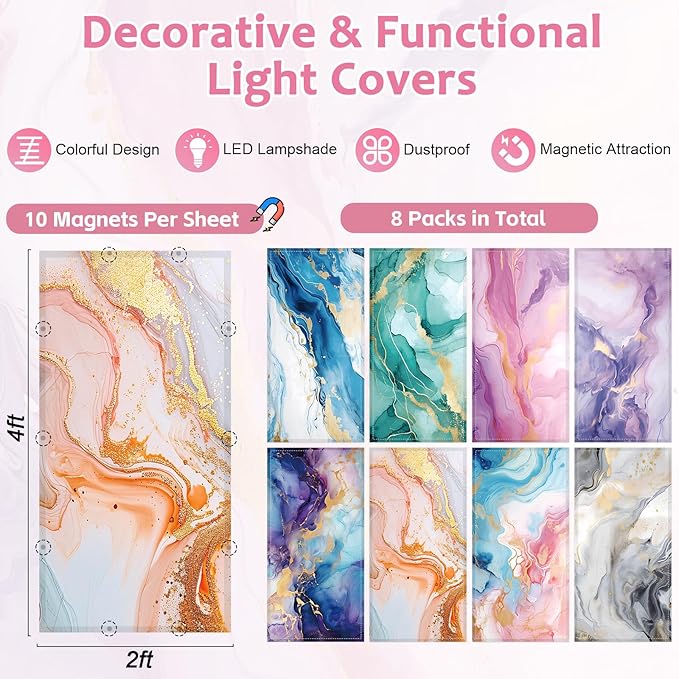 8 Pcs Fluorescent Light Covers, 4x2 Feet Magnetic Light Cover Fluorescent Lights Shade Panel Positive Inspirational Ceiling Lights Filters for Office Classroom Home Drop Ceiling Marble
