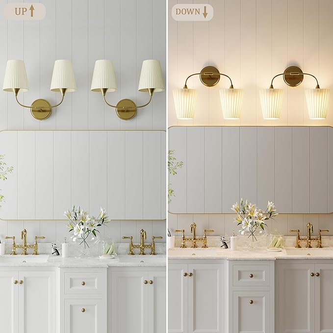 Bathroom Vanity Light with Fabric Shade, 2-Light Bathroom Vanity Light Over Mirror, Modern Light Fixtures for E26 Bulb, Flared Wall Lights for Bedroom, Hallway, Entryway, Powder Room (Gold)