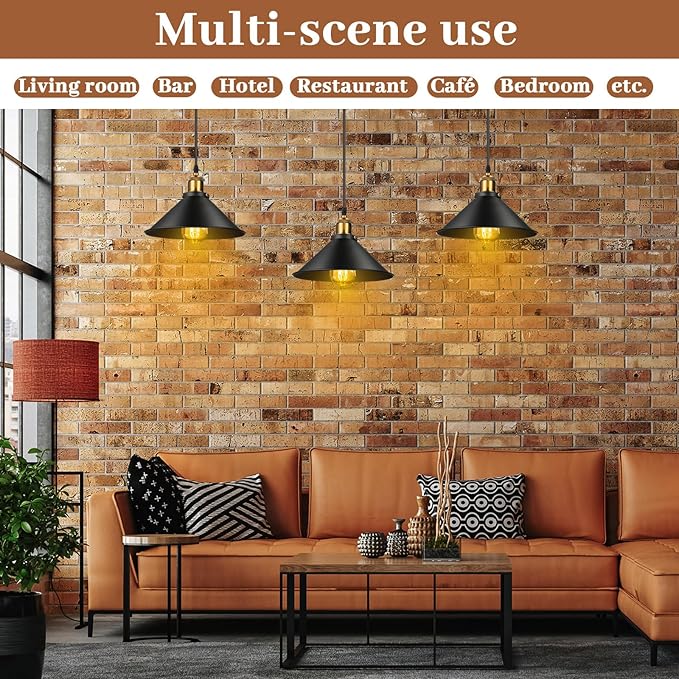 Retisee 6 Pieces Industrial Pendant Lights E26 E27 Base Farmhouse Lampshade for Hanging Light Vintage Metal Shade Fixtures Barn for Kitchen Dining Room Home Bar Foyer(Black)