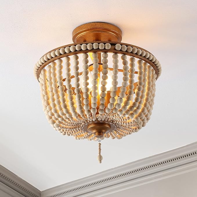 JONATHAN Y 14" Antique Gold/Light Taupe Wood Beaded LED Semi Flush Mount Light, Boho Farmhouse 3-Light Ceiling Chandelier with Cream Wood Bead Shade for Nursery, Bedroom (JYL9020C)