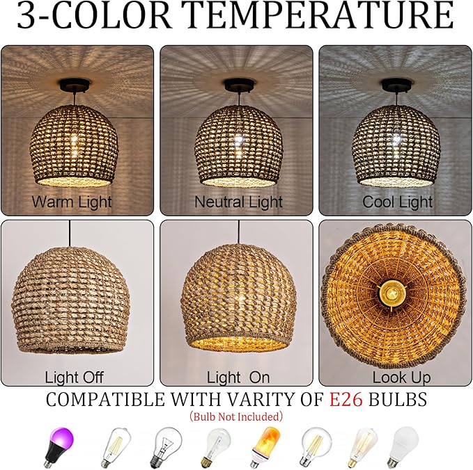13.77" Brown Rattan Pendant Light Fixtures,1-Light Boho Seagrass Pendant Light,Hand Woven Water Plants Rattan Chandelier for Dining Living Bedroom Kitchen Farmhouse
