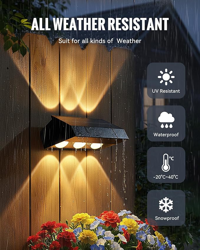 Solar Fence Lights Outdoor 12 Pack, 3 Modes & 10 RGB Colors, Up and Down Fence Lights Solar Powered for Outside, Deck Lighting for for Backyard/Garden/Patio/Garage Wall Decor