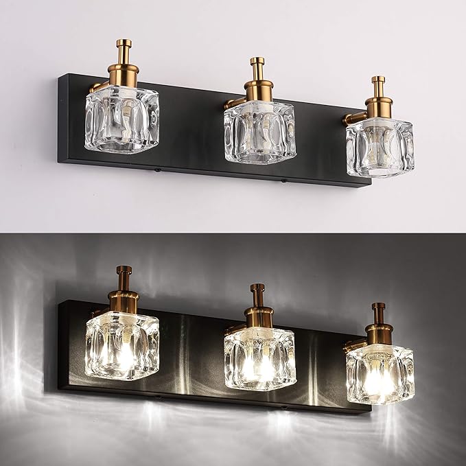 PRESDE Modern Black Bathroom Vanity Light Fixtures Over Mirror LED Crystal 3 Light Bath Wall Lighting