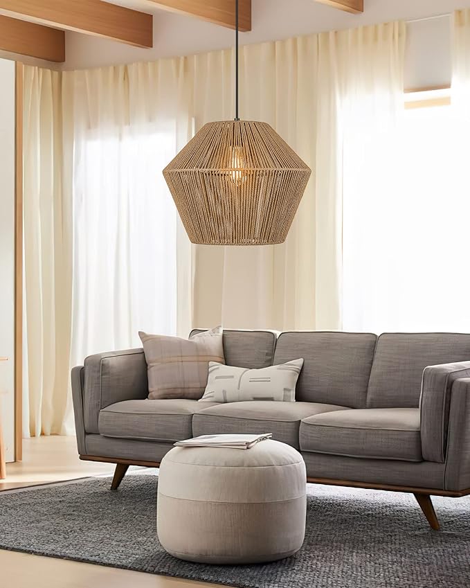 ELYONA Woven Pendant Light, 17” Modern Boho Chandelier Handwoven Rattan Basket Shade, Rustic Pendant Light Fixtures Farmhouse Ceiling Hanging Lamp for Dining Room, Kitchen Bedroom, Entryway, Foyer