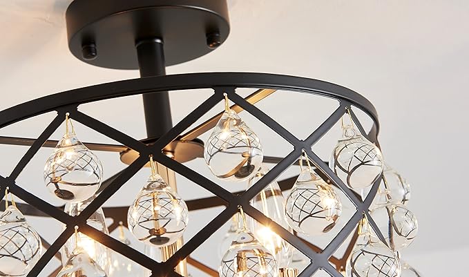 AGV LIGHTING CH013BB Farmhouse Semi Flush Mount Ceiling Light Fixture, E12 Base 3-Lights, D13 x H12, Matte Black & Light Gold Finish