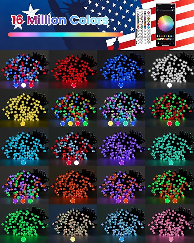2Pack 400LED Smart 4th of July String Lights | 164FT App Controlled Red White and Blue Lights, Waterproof Patriotic RGB Color Changing String Lights with Remote & Timer Indoor Outdoor for Memory Day