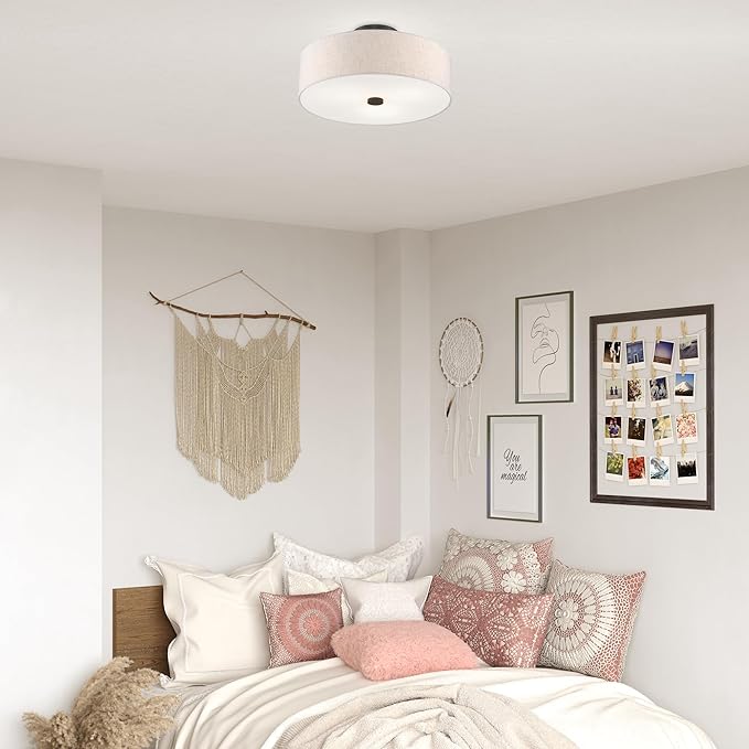 Livex Lighting 52135-92 Meridian Collection 3-Light Semi Flush Mount Ceiling Fixture with Oatmeal Color Fabric Hardback Drum Shade and Satin White Diffuser, English Bronze