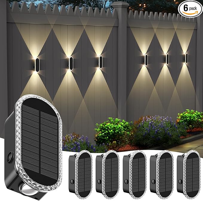 Herzila 6 Pack Solar Fence Lights Outdoor, RGBW Solar Wall Lights Waterproof Top and Bottom Lighting Solar Powered for Garden/Pool Cage/Patio/Wall (2 Installation Modes)