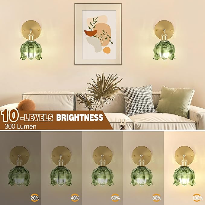 Wireless Wall Sconce with Flower lampshade, Battery Operated Wall Lights,Wall lamp with 15 Colors for Bedroom Living Room Home Decor (Green, 2 Light Battery Operated)