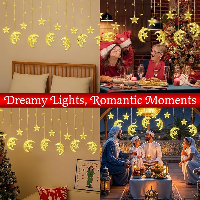 Lewondr 138 LED Star Moon String Curtain Lights, Hanging Fairy Lights with 6H Timer&8 Modes, USB & Remote Control Ramadan String Lights for Christmas Bedroom Wedding Party Xmas Indoor Decor,Warm Light
