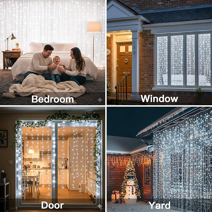 suddus Curtain Lights Outdoor, 300 Led 9.8ft x 9.8ft Hanging String Lights for Bedroom, Window, Wall, Wedding, Party, White