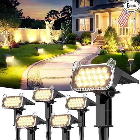 Solar Spot Lights Outdoor Waterproof IP65, 6 Pack Solar Lights Outdoor Larger LEDs 2 Lighting Modes, 2 in 1 Solar Powered Landscape Spotlights for Outside Yard Wall Pathway, Warm White